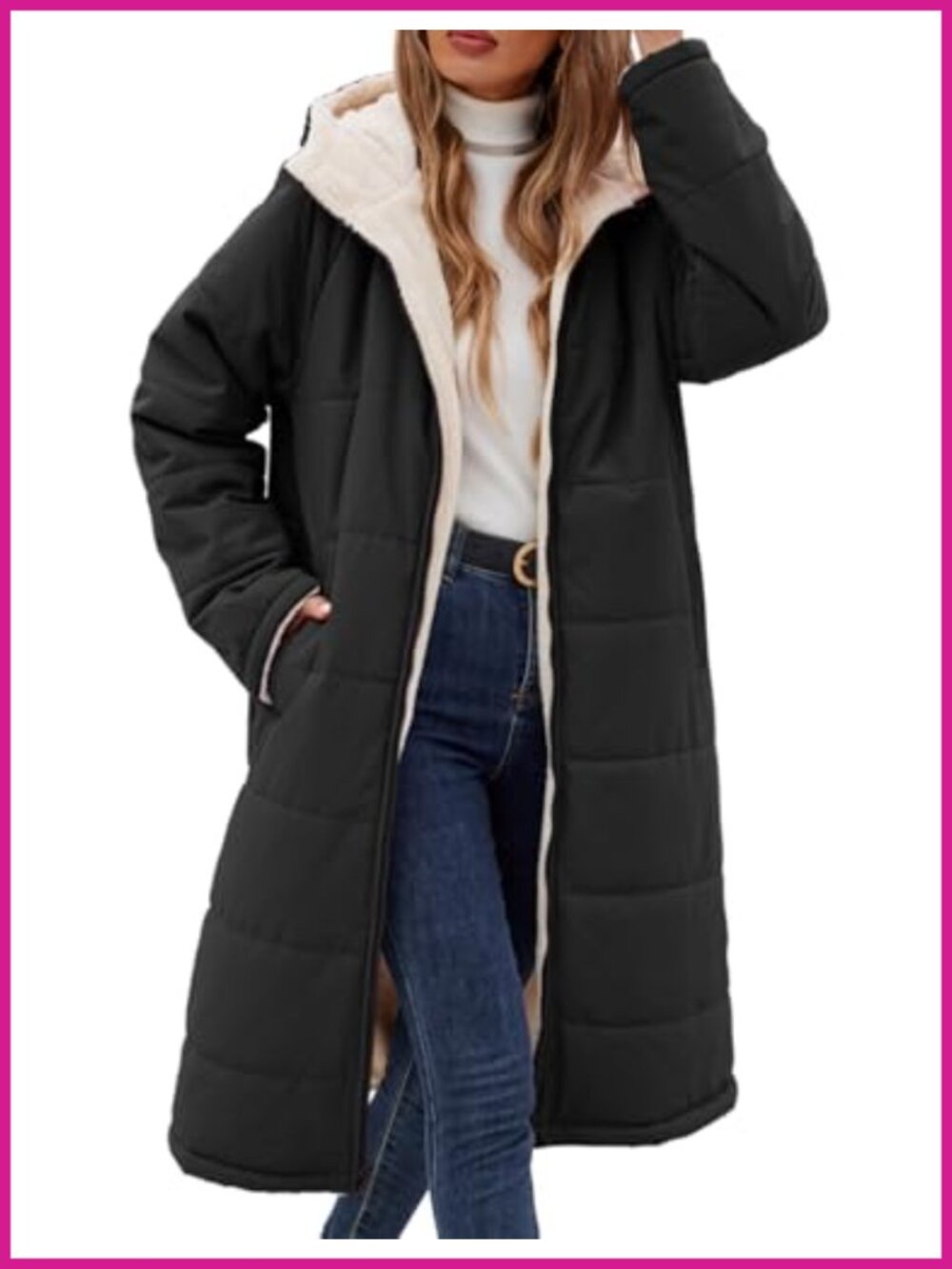 Women's Reversible Long Puffer Coat Hood Fleece Winter Jacket